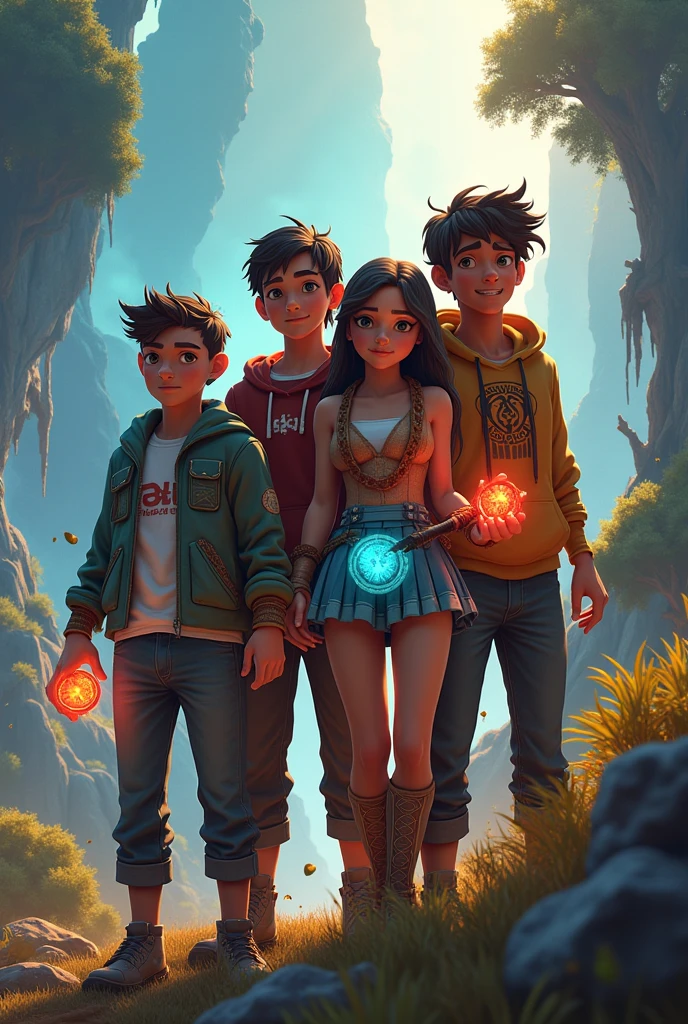 '{"prompt": "The characters that occupy the three parts of the element: This cover should portray the four teenage characters, Pedro, Lívia, Thiago and Fernando on an epic journey, each of them holding one of the pieces of the essential element. The scenery around you can be filled with magic and mystery, with elements representing the dark forces you are destined to combat.", "max_tokens": 256, "num_outputs": 1}., illustration, 3d render, cinematic, product