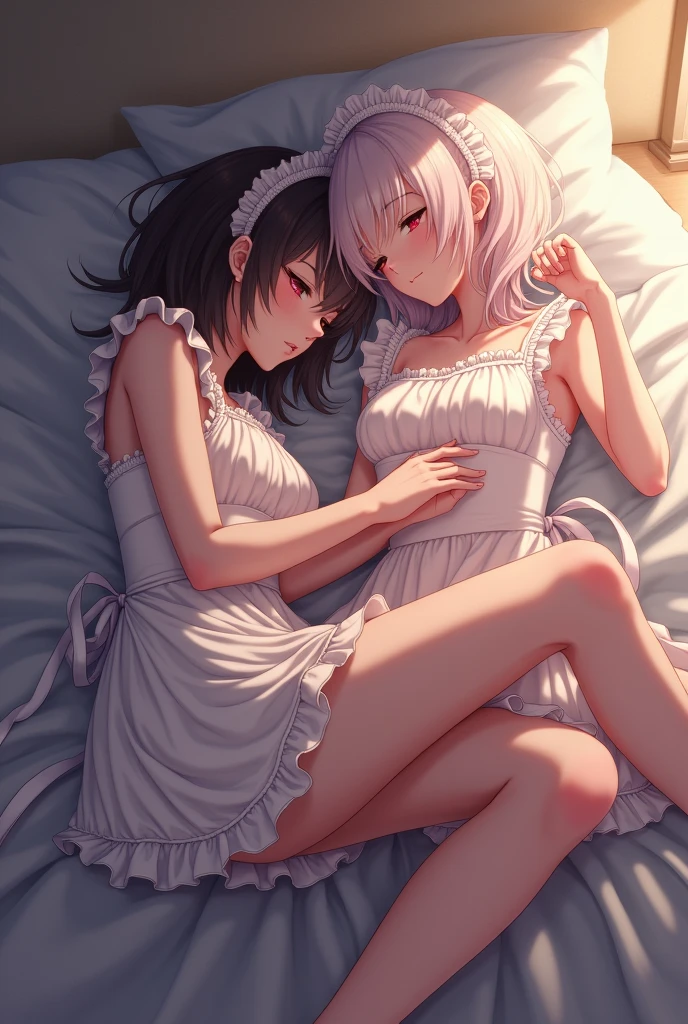 A cute anime femboy laying down on another femboy  lap both wearing femboy maid dresses and tights and touching his cute thighs 