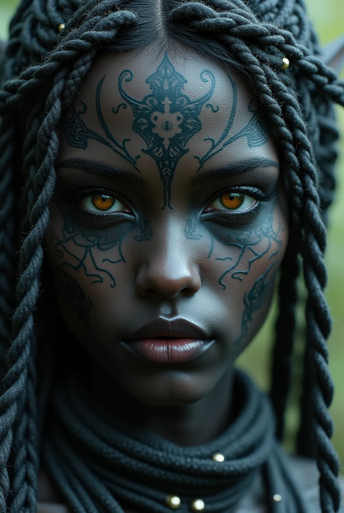 A close-up of a woman with face tattoos, dark elf, fractalpunk, intricate braided hair, matte painting portrait, beautiful android woman, pitch black skin, she's dressed in shaman clothes, tattooed face, CryptoPunk, heavy makeup