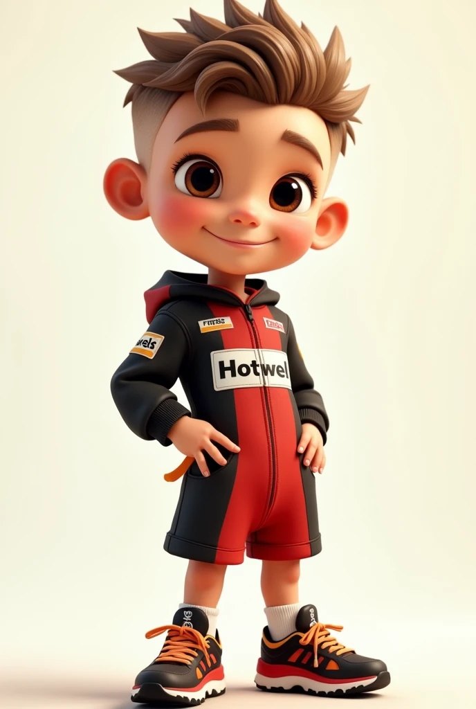 Create a full-body animated image of a boy, with beautiful face, big brown eyes, hair shaved on the sides and short on top, light brown color, beautiful smile with semi-thin lips, hootwels racing racer dress, full photo in png, where you can see their hotwels brand shoes
