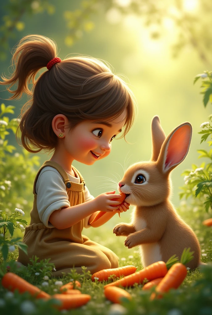 The girl is feeding the rabbit beautiful golden carrots, and the rabbit is happily eating them