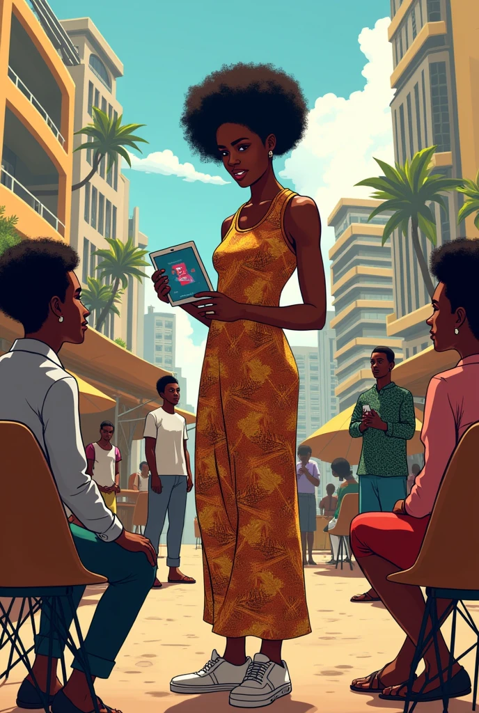 IN COMICS DR 4 PARTS
**charachter: Amara Onyekachi**
**Futuristic Context:**
anus: 2147. Earth has recovered from environmental crises and extreme inequalities, with large technologically advanced metropolises and recovering communities.
**Life trajectory:**
Amara was born into a community in West Africa that is rebuilding itself with sustainable technologies. Desde jovem, excelled in science and public policy, and was selected for a global exchange program. tans, leads a movement to preserve local cultures in an increasingly homogeneous world.
**enviroments que Frequenta:**
She works in her home community and participates in international research and governance forums..
**Existential Conflicts:**
Amara debates the cost of cultural homogenization in the face of technological advances, struggling to balance innovation and preservation of traditions.
**Futuristic Moment:**
There is an emphasis on diversity and inclusion, but there is still a tension between cultural uniformity and the recognition of local cultures.
I can't create images directly, but I can describe a drawing for you.
**Design Description:**
1. **charachter**: Amara Onyekachi is a young black woman with thick afro hair., stuck in a modern style. She wears a high-tech outfit that combines sustainable fabrics with traditional African elements., like colorful geometric patterns.
2. **enviroment**: The background shows a combination of futuristic and traditional elements. On one side, there are sustainable and advanced buildings with solar panels and vertical vegetation. on the other side, traditional elements of West Africa are visible, such as local markets and community structures made from natural materials.
3. **activity**: Amara is standing in the center, holding an advanced tablet displaying graphics about cultural preservation. She is talking to a group of people from different cultural backgrounds, with expressions of interest and engagement.
4. *
