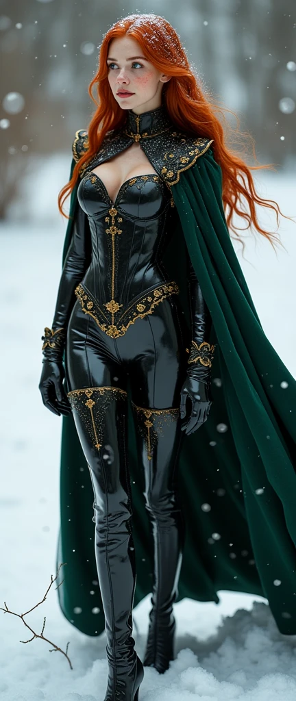 Young Triss merigold is wearing black latex wizard suit with a dark green cape and with golden details her ginger  hair is covered in snow she has big  and ass her suit is covered in snow she has freckles and green eyes she is wearing a tught dark corset she is wearing dark high heels