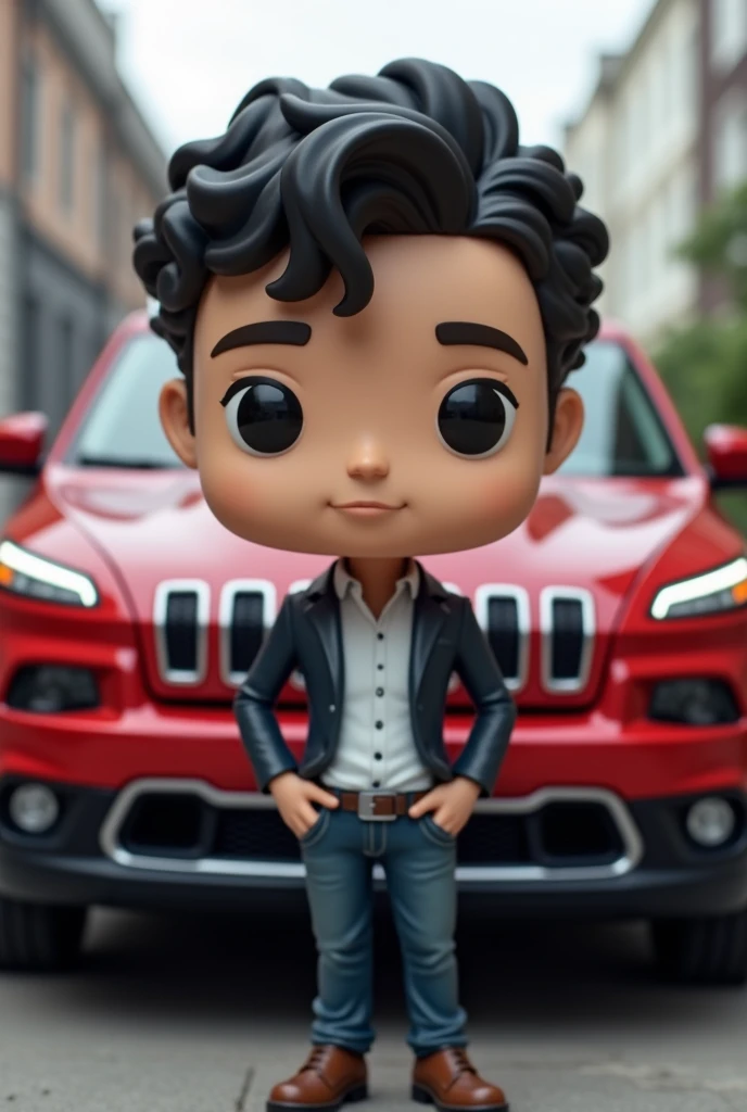 Young white-skinned male architect with curly wavy black hair next to a red 2016 Jeep Cherokee funko pop version