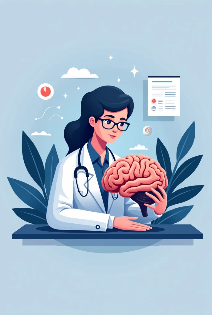 psychotherapy icon of a psychologist examining a brain , use cores #7D9EB9 #265E8F #265E8B