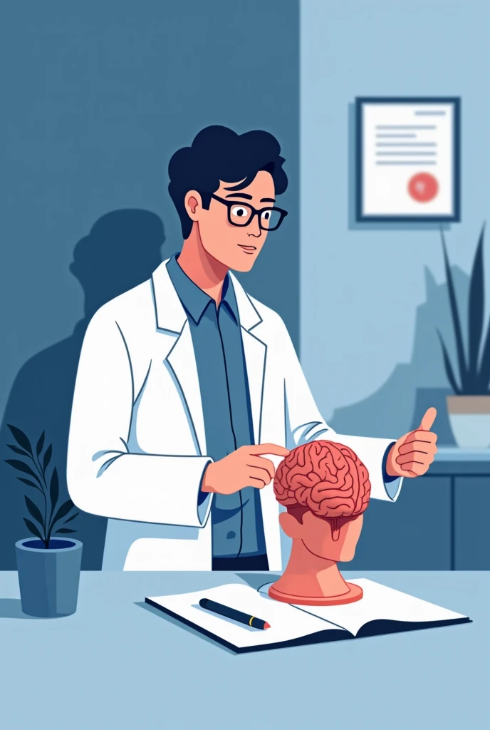 psychotherapy icon of a psychologist examining a brain , use cores #7D9EB9 #265E8F #265E8B