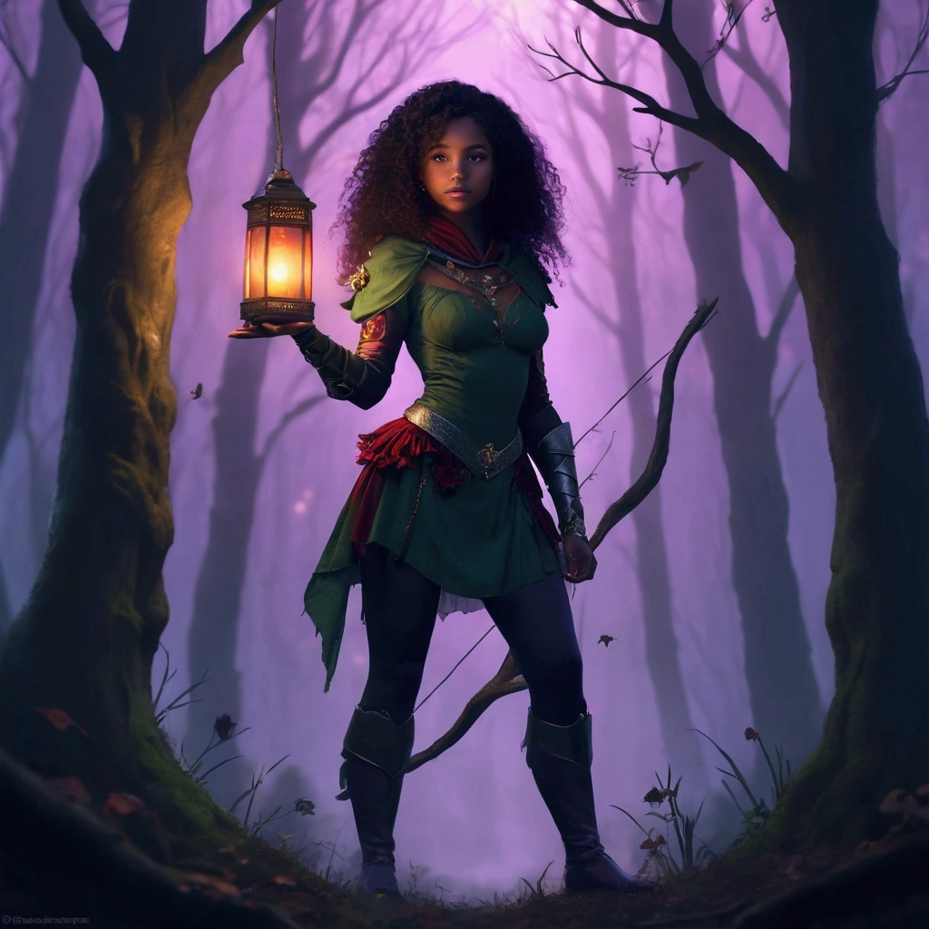 a tall build girl, 1, brown skin, stunning heterochromia eyes (one red, one purple), a cute snub nose, plump lips, natural eyebrows, wearing a green dress with printed white roses, a red cape that hangs from her shoulder and flows down to her feet, a dragon-shaped silver-gold bracelet that wraps around her right hand and up to her neck, standing in the middle of an eerie dark forest with lanterns hanging from the trees, dark and eerie fantasy aesthetic, (best quality,4k,8k,highres,masterpiece:1.2),ultra-detailed,(realistic,photorealistic,photo-realistic:1.37),HDR,UHD,studio lighting,ultra-fine painting,sharp focus,physically-based rendering,extreme detail description,professional,vivid colors,bokeh,dark fantasy,cinematic lighting
