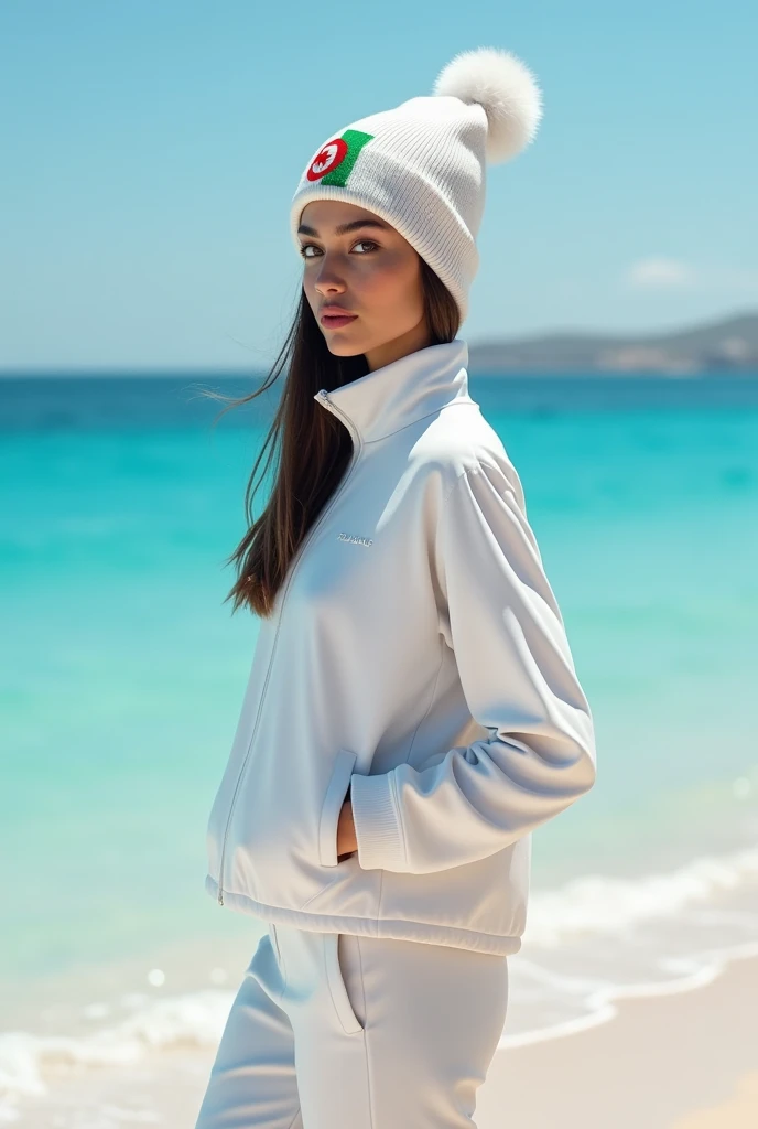 Woman wearing white Adidas jacket and Algerian flag beanie . blue sea beach background
