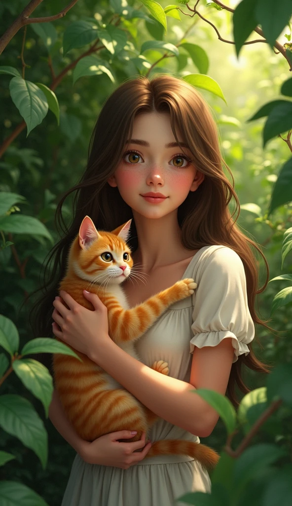 Lily a  holding orange cat  in bushes