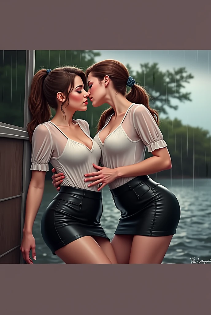 2 women with their clothes wet from the rain. Sheer white shirts by the water. black leather skirts, kissing