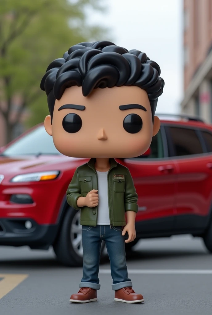 Young white-skinned male architect with curly wavy black hair next to a red 2016 Jeep Cherokee funko pop version