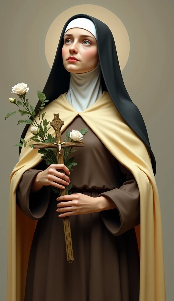 Generates an image of Saint Therese, dressed in a brown habit, black veil, a light yellow cloak over the habit, a religious nun, holding a bouquet of roses and a crucifix. she is portrayed with a contemplative expression, reflecting his deep spirituality and communion with God, she has on average 24