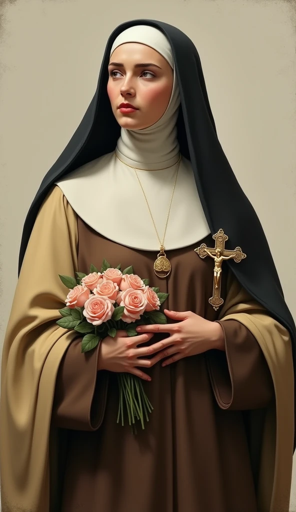 Generates an image of Saint Therese, dressed in a brown habit, black veil, a light yellow cloak over the habit, a religious nun, holding a bouquet of roses and a crucifix. she is portrayed with a contemplative expression, reflecting his deep spirituality and communion with God, she has on average 24
