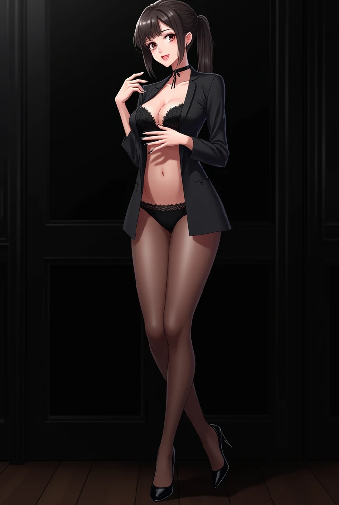 Anime business woman 
Stockings
Black bra and high heels
Long finger nails open mouth
Hand covering pubic area