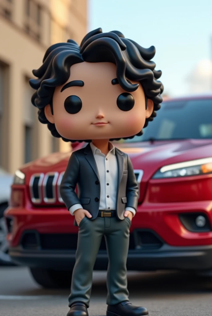Young white-skinned male architect with curly wavy black hair next to a red 2016 Jeep Cherokee funko pop version