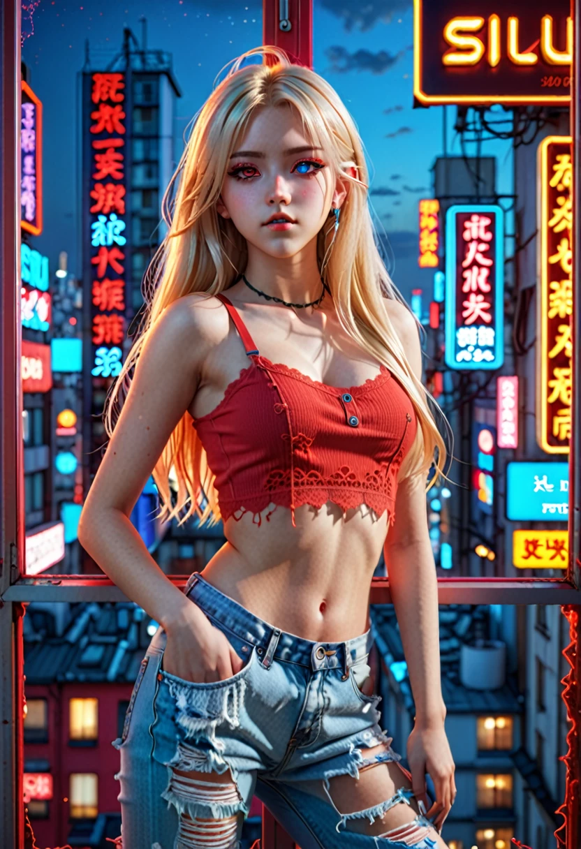 A beautiful anime woman with long blonde hair, red eyes, wearing a lacy red crop top and ripped blue jeans, looking out from a city window with neon signs, cityscape in background, detailed 3d render, soft lighting --chaos 20 --ar 5:6 --stylize 500 --seed 780813501