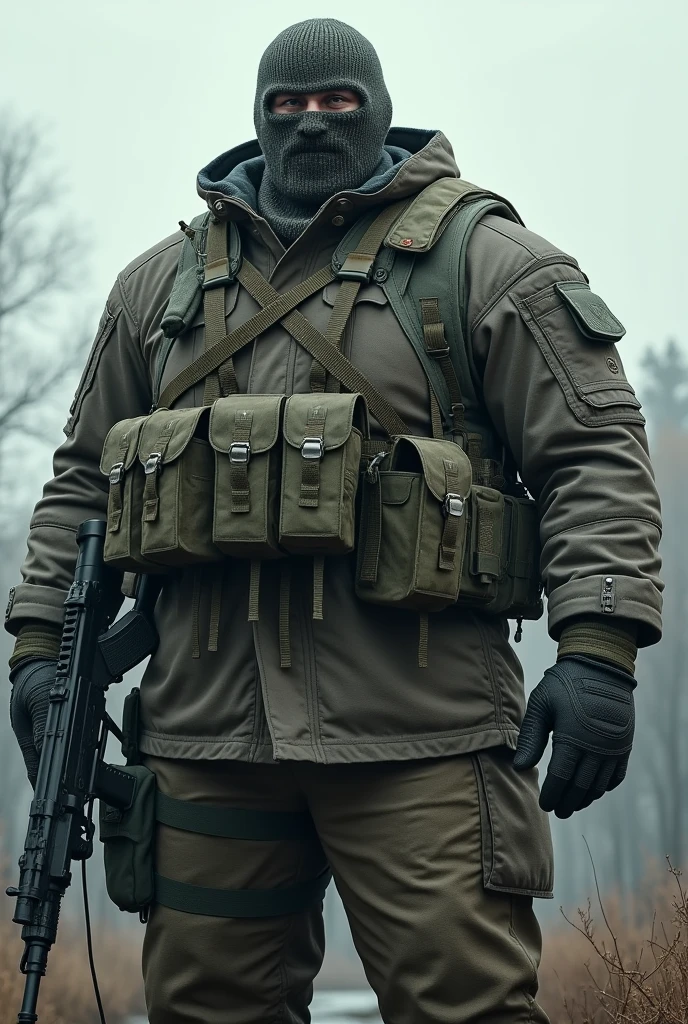 ultra realistic 8k, A white man. Heavy Infantry Army Soldier(ultra reslista). He wears a camouflage balaclava . Muscular and corpulent physique of 2,30 meters high(Realist 8K). He wears a uniform of the heavy infantry of the Russian army.(Realist 8K)
