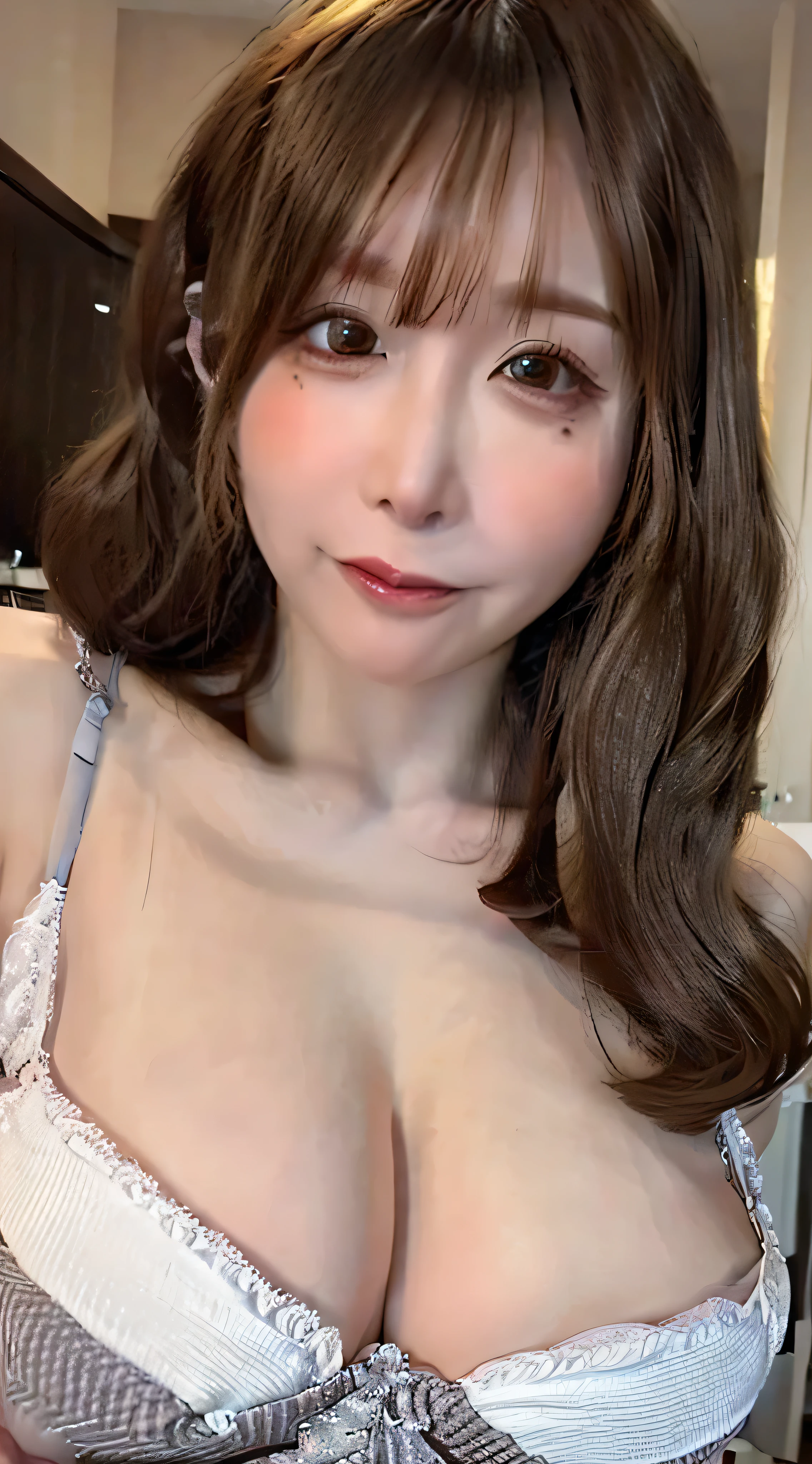 Highest quality、Photorealistic、8k、High resolution、1 girl、woman、(Skin dents)、(Professional Lighting)、(Portrait:0.8)、(Maid clothes:1.55)、Gorgeous、((Brown Hair))、(Medium Hair:1.6) )、(Fluttering Hair:1.4)、(1. Girl looking at the camera:1)、((1. Girl looking at the camera:1.6))、(1. Girl looking at the camera)、Photorealistic、(Bokeh Depth of Field)、(Portrait:0.8)、(Dynamic pose:1.35)、masterpiece、Complex、Lively、Sharp focus、Award-winning photo、software、(Laughter:1)、((Very huge face bigger breasts:1.55))