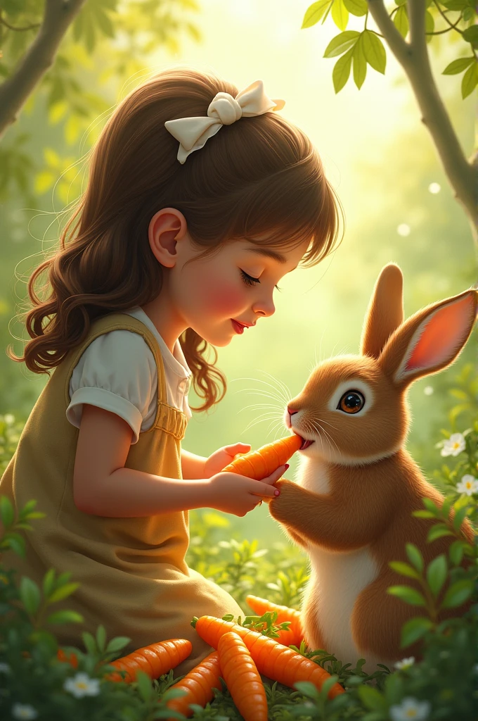 The girl is feeding the rabbit beautiful golden carrots, and the rabbit is happily eating them