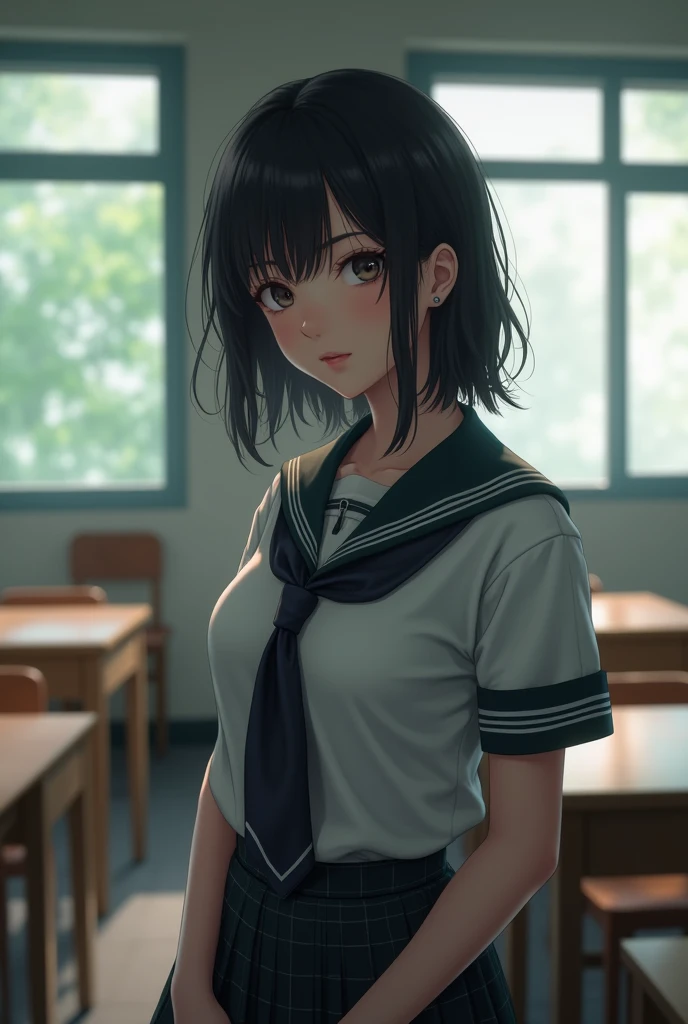 Browsing Caution,Highest quality,Ultra-high resolution,1 person,whole body,Black hair, cool expression,Looking into the camera,Beautiful and elaborate face,Fine and beautiful skin,Skin Texture,high school student,uniform, tie,Small breasts,Checked mini skirt,Classroom after school,Standing pose