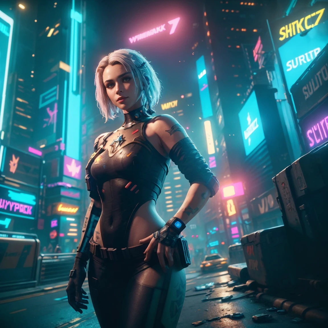 2 cyberpunk girl in a colorful Harajuku pop outfit, Cowboy shot, the wind, Real Pile, big blue eyes, 8K, 1 / 2 body crop, thigh gap, camel toe, a perfect face, the perfect body, messy hair, Highly detailed eyes, Highly detailed face, ((Cyberpunk 2077 cityscape)), (Cyberpunk aesthetics and atmosphere:1.3), Bright colors, Smiling, ((Cinematic lighting)), (intricate details:1.2), (hdr, hyperdetailed:1.2), (natural skin texture, hyperrealism, soft light, sharp)