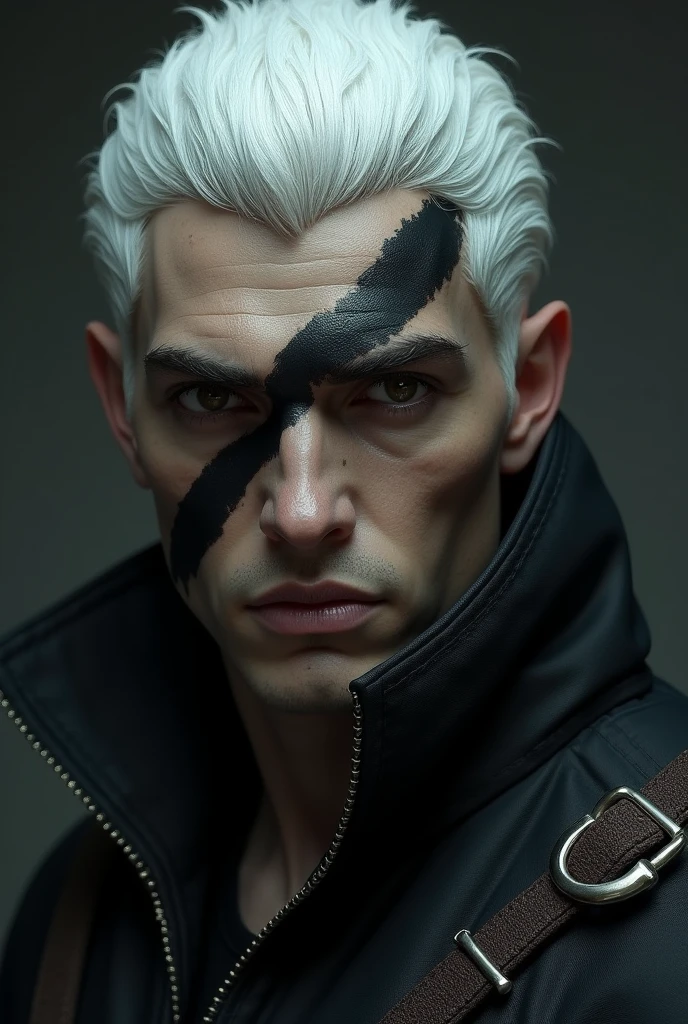 A male character with a black stripe across his face and white hair
 
