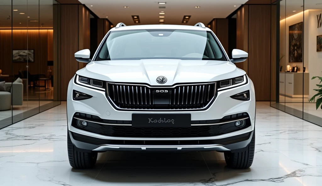 A front view of the luxurious New 2025 Skoda Kodiaq in pristine white, prominently displayed in a high-end showroom. The car features sleek narrow headlamps that are illuminated, emphasizing its modern and sophisticated design. The iconic Skoda logo is proudly displayed on the front grille, adding a touch of elegance and brand recognition. The luxurious rims complement the vehicle's upscale appearance, enhancing its overall premium look. The showroom environment is designed to reflect luxury, with polished marble floors, expansive glass walls that allow natural light to flood the space, and stylish decor, including contemporary art and plush seating. This setting highlights the modern and refined essence of the Skoda Kodiaq, making it a standout in the opulent showroom.