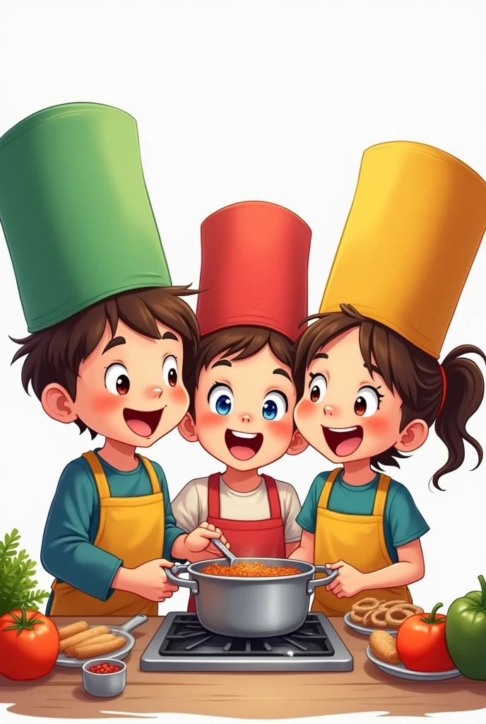 THREE BOYS AND GIRLS COOKS WITH GREEN, RED AND BLUE CAPS WITHOUT BACKGROUND
