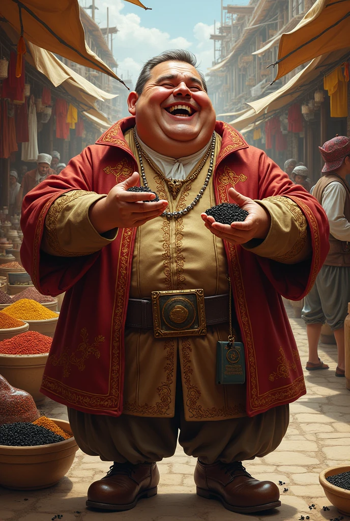 A laughing merchant from the Age of Discovery holding black pepper
