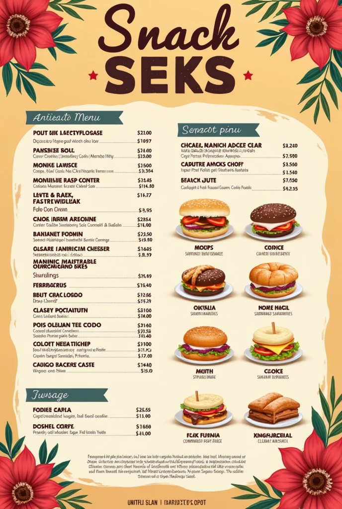 Create a detailed NA LARIKA Snack Bar Menu image with these Pastry prices - 3,00 Natural Sandwich - 4,00 Brigadier - 2,00 Delicious bread 2,50 Juice - 3,00 Chewing gum - 0,25 Lollipop - 0,50 Replies - 0,50 Create just with these snacks and make it look as pretty as a snack bar