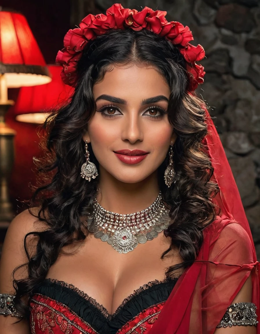 A beautiful gypsy, Maria Padilha, flowing curly black hair, detailed dark face, brown eyes, detailed lashes and eyebrows, mascara and blush makeup, happy expression, silver earrings detailed with red stones, large breasts, choker and red scarf on her head, equally detailed with coins, wearing a beautiful black dress, colorful sash at the waist, ruffles, chains, black and red lace on the lap and arms, at night, in a dynamic pose, house background made of aged material, a lamp on the wall illuminating her thick hair , a breathtaking image, in the highest quality, 8k. UHD.