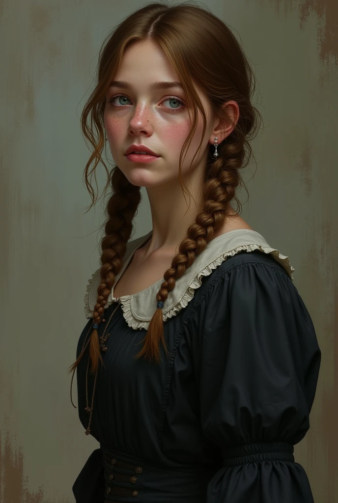 At 16, Olivia's life was marked by significant hardship. Her days were filled with grueling farm work, and she wore simple, practical clothing that reflected her modest means. Despite the challenges, she carried herself with a quiet strength and resilience. Her blue eyes, though tired, were still full of determination and a glimmer of hope. Her chestnut-brown hair, though often unkempt from long days of labor, was worn with a subtle grace. Olivia’s appearance, though shaped by adversity, showcased her enduring spirit and the promise of a brighter future. She is live in Victorian era and she wearing old black dress.. it is older than 10 years.. she live with in her stepmother’s strict rules and and punishments