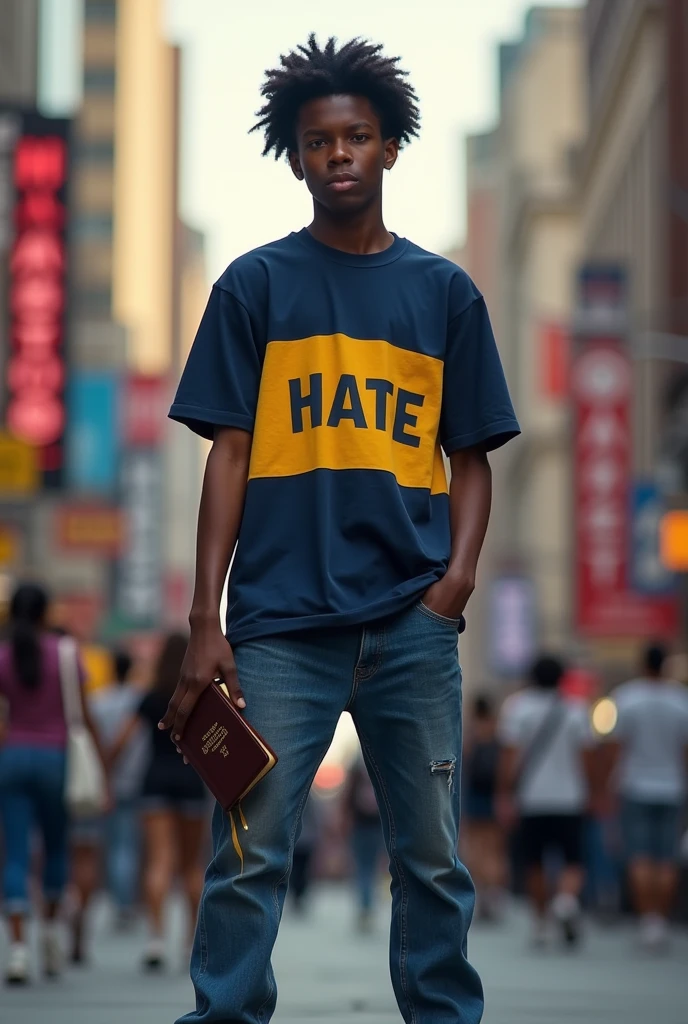 A black ager in a busy urban center. with blue jeans, White sneakers. navy blue shirt, with a yellow horizontal stripe at belly level. Inside the stripe, EAT. He looks at the camera with a defiant look. He has a Bible in his right hand and the other is in his pocket.. 