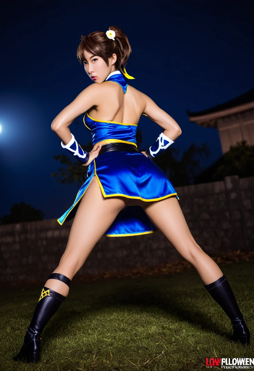 1 cute yuna, sexy chun li outfit, is in a fighting stance ready to face zombies and other terrible monsters. Halloween night. View from low angle focused on her butt