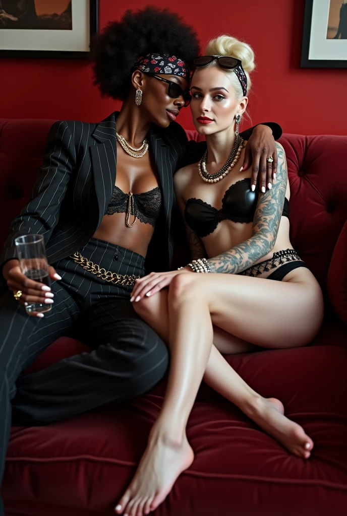 Two russian old milf women: the dominant aggressive dark skinned black woman in business pinstripe suit (jacket and trousers), long nails and afro hair, sitting on the center of a dark red sofa with possessive stance (arm around her girlfriends' shoulders squishing her tightly, touching the neck of the white woman with her other hand, like a predator on her prey). Next to her, her white rich drunk girlfriend looks at the camera  (white woman is very pale: pale face, pale neck, pale chest, pale arms, pale hands, pale stomach, pale leg), white woman stretches her neck, and looks at the camera  feeling overwhelmed by her girlfriend. white woman is shy and submissive, feeling dizzy and needy white woman is being seduced. White woman separates her legs, White woman"s back is arched down,  wide open legs. White woman dresses in  rock chic style: Black shiny studded  thong with white seams, platinum blonde hair (pouf, top messy bun, colourful bandana as headband) and oversized square sunglasses as headband. Big lips. Black studded lace push up bra, big breasts. Barefoot.. Lots of thick wide studded bracelets in the wrists of the white woman, big pearl necklaces around the necks of the white woman, and big rings, Pearl earrings. Loose chains and studdedbelts around the hips of the white woman. White woman holds a glass of champagne White woman is lazy, leaning back and forward, and arching down her back.. The white woman is densely tattooed on neck, tattoed chest, tattoed arms, tattoed stomach, tattoed legs, wrists and feet. White woman havs well Toned abdominals, thin neck, slim legs and thin arms. Narrow hips. The body of the white woman is twisted in a lazy posture. Full body. On the dark red sofa of an expensive apartment of NYC, two bottles of champagne on the floor. Good illumination 