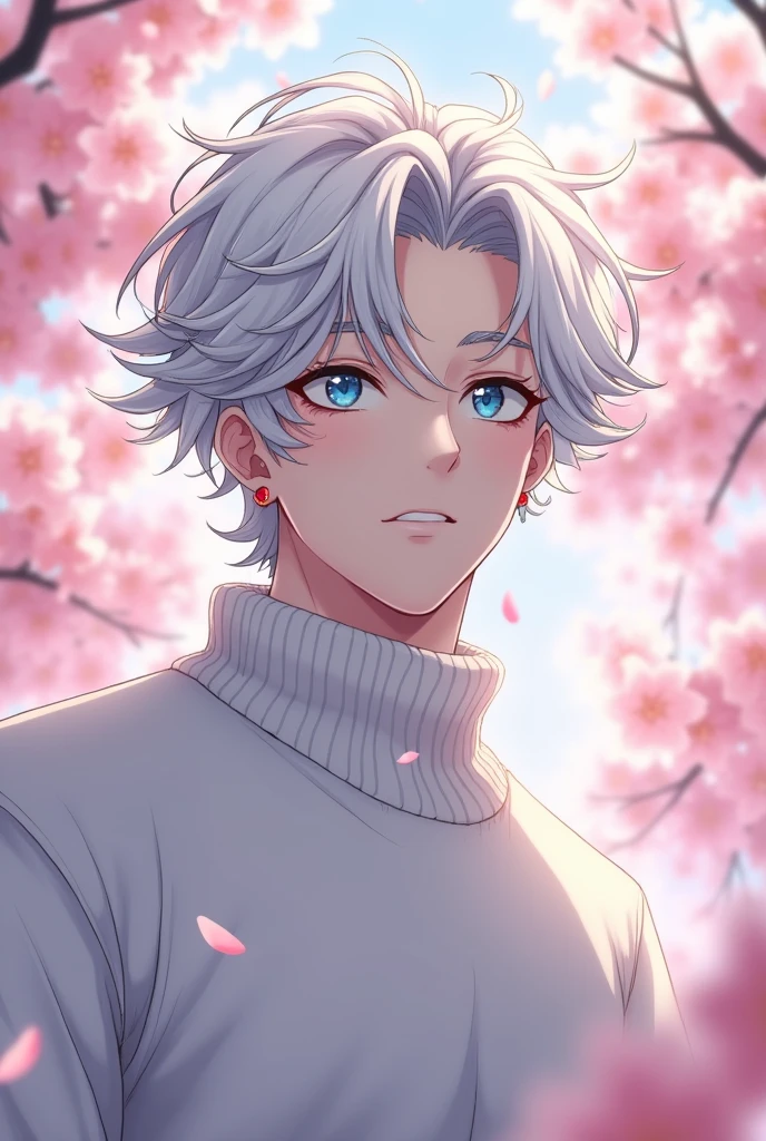 anime character, White hair, curly hair, Pale skin, light blue eyes, very Long white eyelashes, male, muscular, red small earrings, big glossy lips, cherry blossom trees, grey eyebrows, white sweater, 