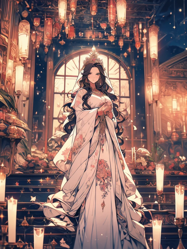 High resolution, masterpiece, necessary, anatomically correct, The best quality, detail, HD Model, high quality, A woman. Pale skin, plump pink lips, slim, medium breasts, small waist, Light brown hair, pixie cut hair, half white hair, Long hair, wavy hair, Goddess, vestido blanco de cuello alto elegant, elegant, standing, long white veil, velo elegant con detalles dorados, Greek Gods theme, alone, starry background, bright halo, hands together. white eyes without pupils, without iris.