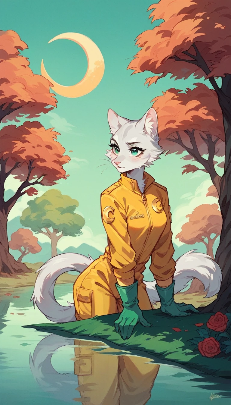 Silver furred female cat wearing shiny golden jumpsuit, mint green gloves, and rose gold ring on end of tail, crescent moon in background, still lake, golden trees