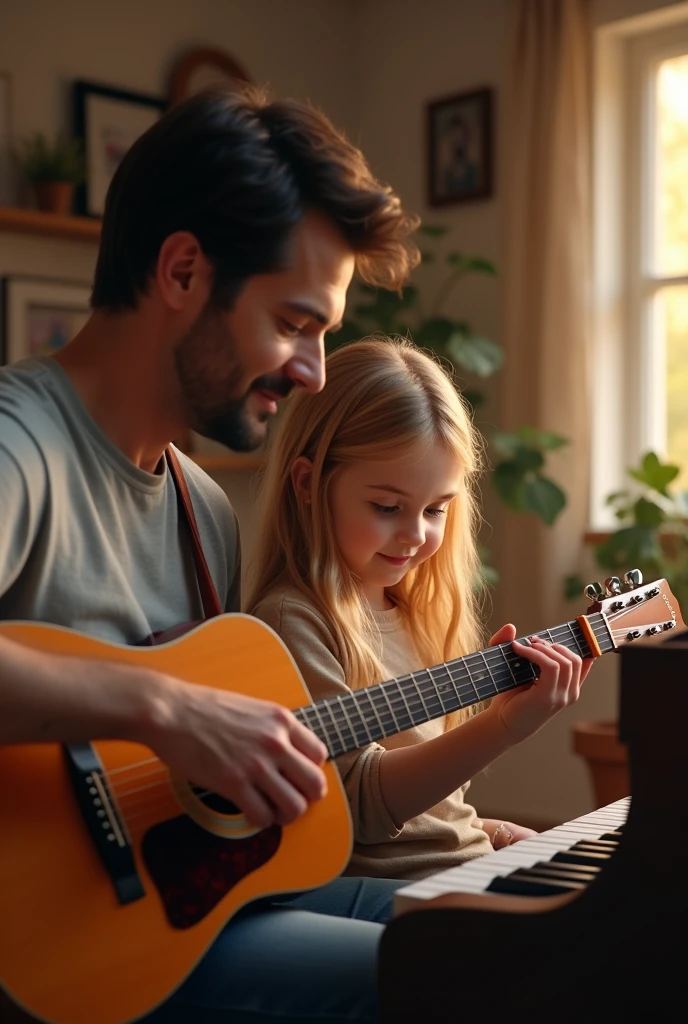 (Photorealism:1.1) a man dark brown hair and brown eye with his blonde daughter blue eyes  in the living room he playing a Gibson guitar and she piano and using 8k ultra realistic super detailed