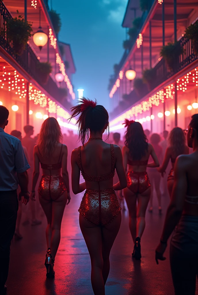 New Orleans at night on Bourbon in a Burlesque with people partying and dancers