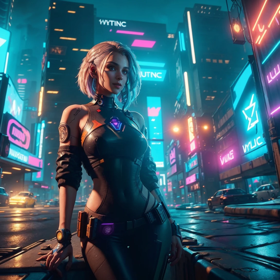 2 cyberpunk girl in a colorful Harajuku pop outfit, Cowboy shot, the wind, Real Pile, big blue eyes, 8K, 1 / 2 body crop, thigh gap, camel toe, a perfect face, the perfect body, messy hair, Highly detailed eyes, Highly detailed face, ((Cyberpunk 2077 cityscape)), (Cyberpunk aesthetics and atmosphere:1.3), Bright colors, Smiling, ((Cinematic lighting)), (intricate details:1.2), (hdr, hyperdetailed:1.2), (natural skin texture, hyperrealism, soft light, sharp)