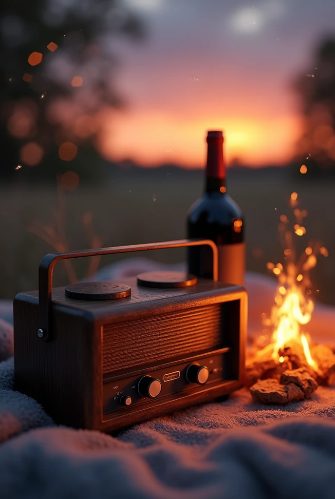 a antique box radio with a bottle of wine on a blanket next to a fire.  The fire flickering off the wine bottle . In the background a soft sunset with stars just coming out.