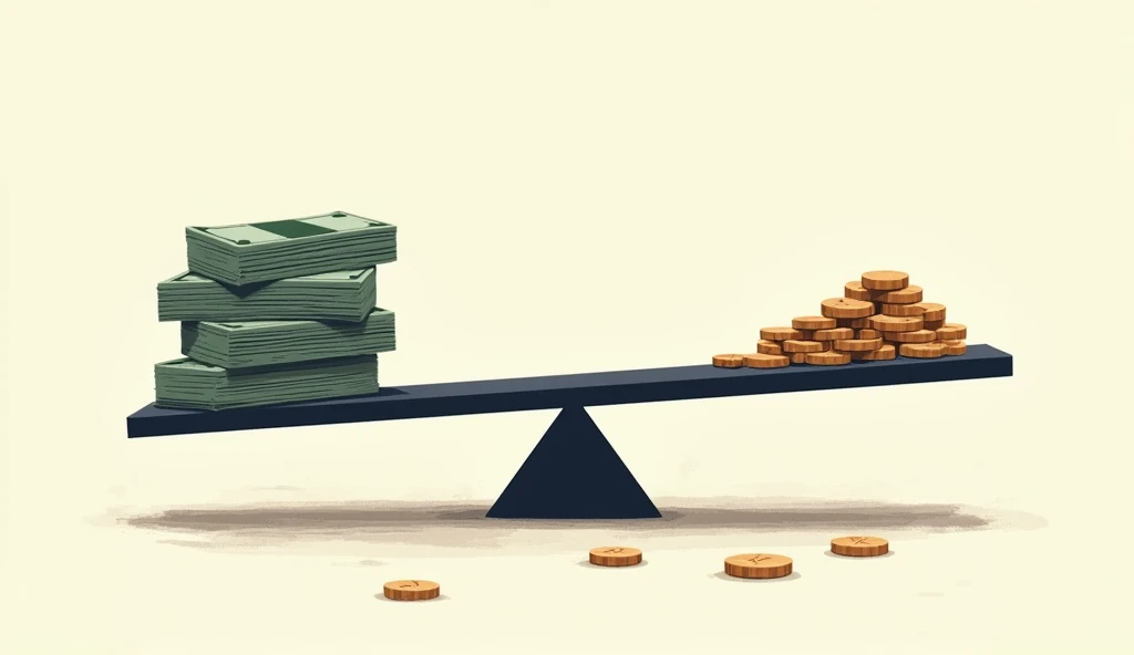 "Wages failing to keep up with rising costs"
Two seesaws: one side with heavy stacks of money representing tuition rising, and the other side with a light load of coins representing wages, showing the imbalance.