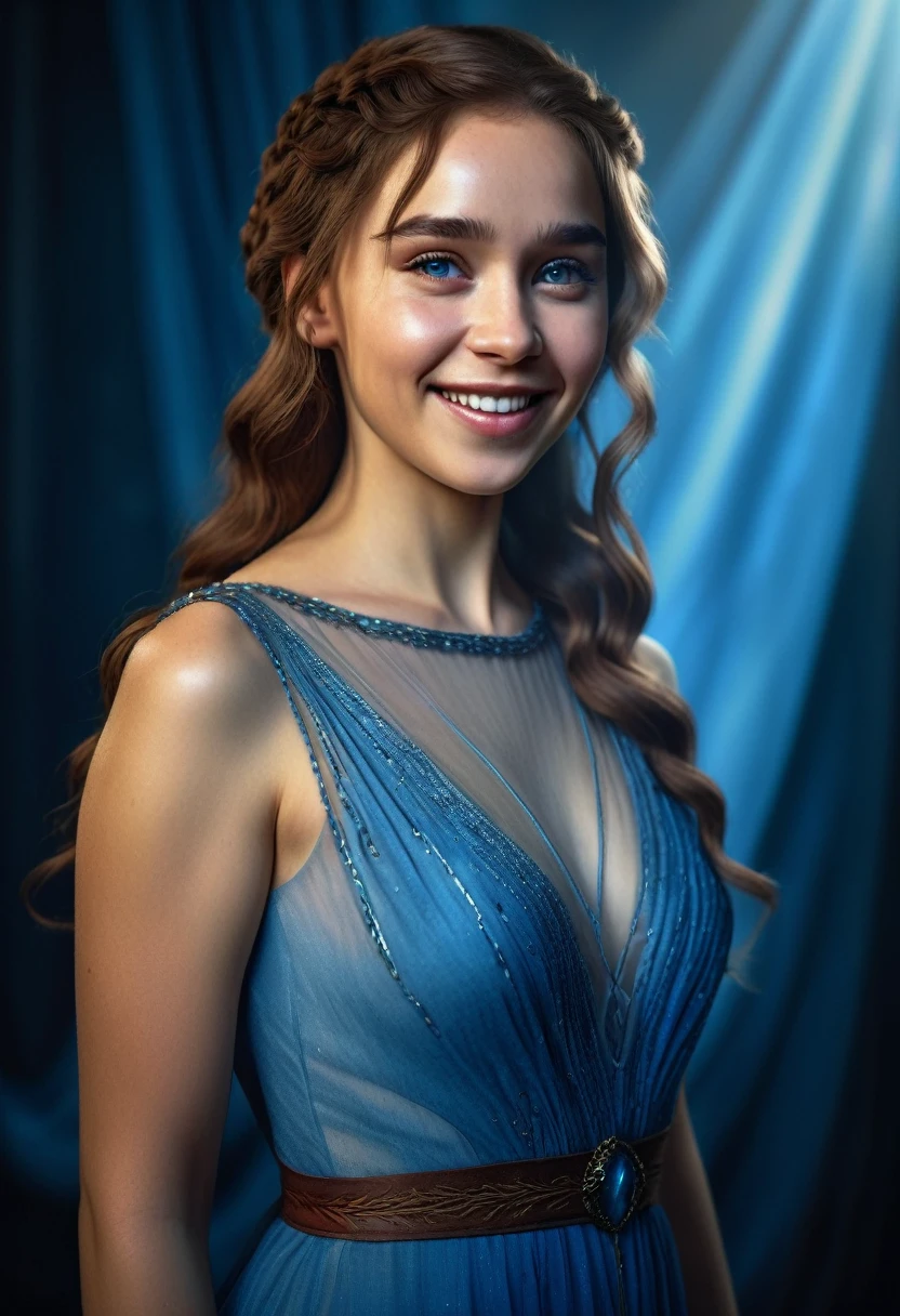 a beautiful fair-skinned woman with chestnut brown hair, with a face similar to Daenerys Targaryen from Game of Thrones, thin, wearing a beautiful semi-transparent blue dress, smiling at the camera, detailed portrait, high quality, photorealistic, dramatic lighting, cinematic, vibrant colors, ethereal, fantasy, elegance