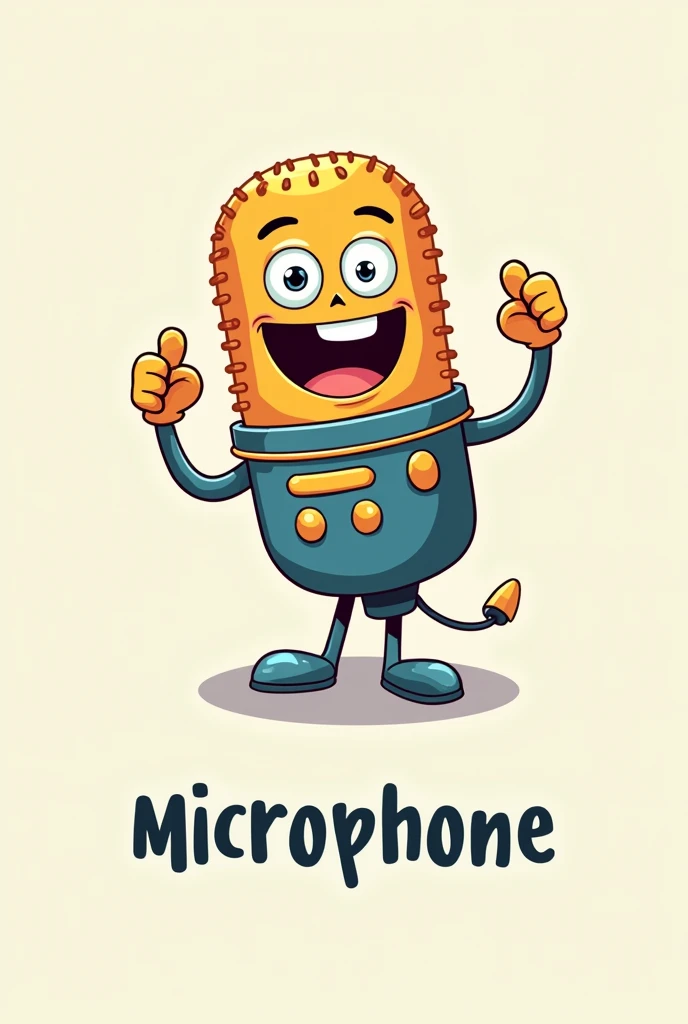 An image of an animated microphone, smiling and happy, with the name highlighted cuts centered, but a little below it