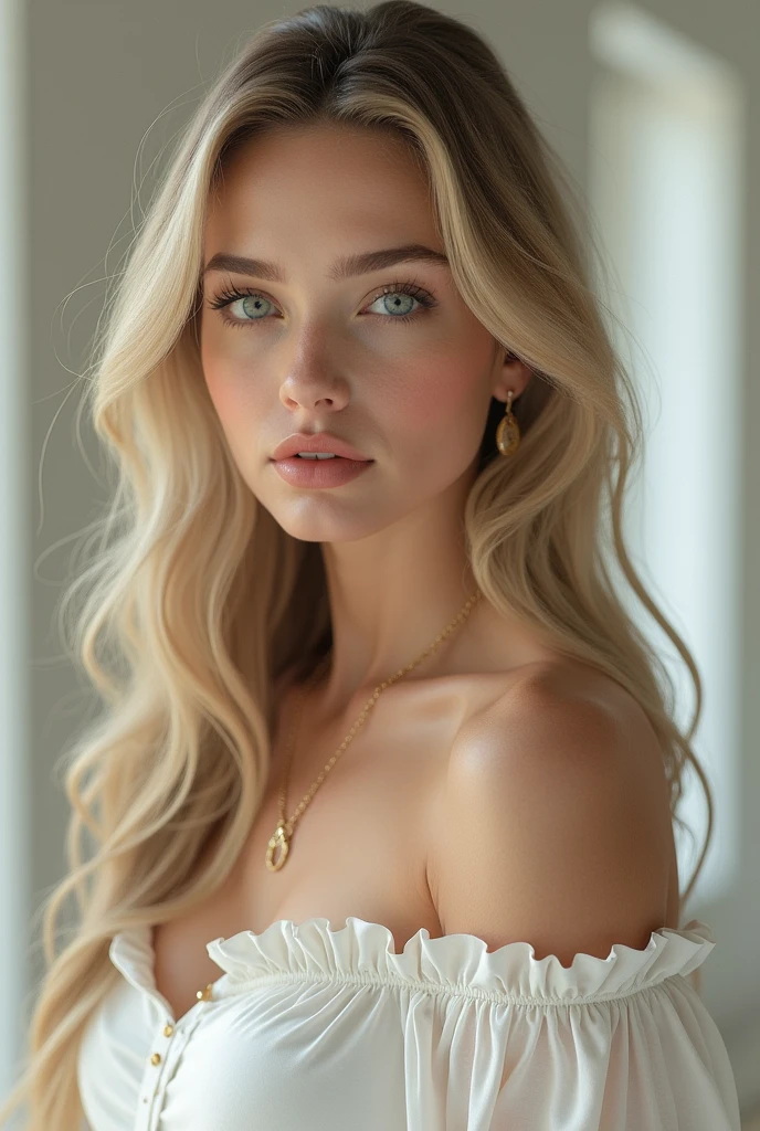 Create a highly realistic, stunning female model with a youthful, 2 appearance and a voluptuous body. The model should embody the classic beauty of Russian heritage, featuring fair, clear skin, high cheekbones, full lips, and striking light blue or green eyes. Her hair should be long and styled in a modern, chic fashion, either blonde or light brown. The model should have a voluptuous physique, with a curvy waist, full hips, and a well-defined bust. Her figure should be both youthful