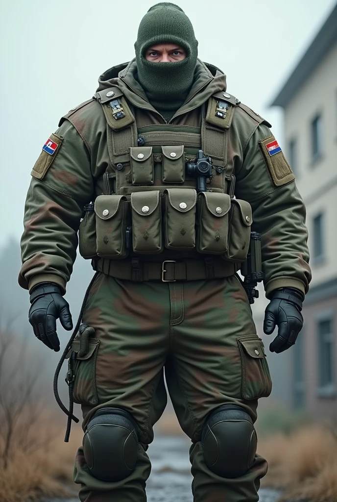 ultra realistic 8k, A white man. Heavy Infantry Army Soldier(ultra reslista). He wears a camouflage balaclava . Muscular and corpulent physique of 2,30 meters high(Realist 8K). He wears a uniform of the heavy infantry of the Russian army.(Realist 8K)