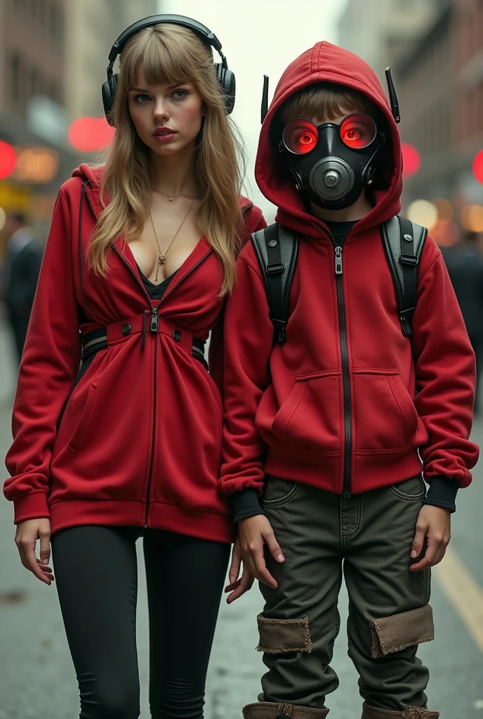 Taylor Swift, realistic, big breasts, full body & Youg boy with red hoodie, headphones, rocket boots, gas helmet, covered mouth, round red eyes