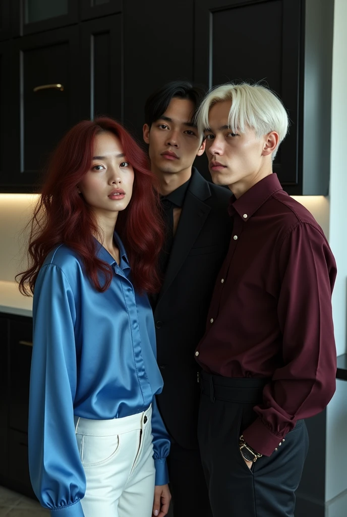 Two male models stand to the sides of a petite small female model with medium-long vibrant maroon wavy hair, pale skin, wearing a blue silk blouse and white pants. One male is 190 cm tall, 2, with short black bowl cut wavy hair, side swept bangs, wearing a dark red dress shirt and black pants, with Chinese-Korean features. The other shorter male is 181 cm tall, has short platinum blond hair, side swept bangs, light skin, wearing a gothic punk outfit, with German-Icelandic features. She is as tall as his eyeline. The three of them are talking inside a modern black kitchen with some French inspiration. Cinematic shot.