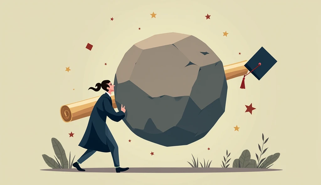 "A diploma as a heavy burden"
A graduate carrying an oversized diploma that looks like a boulder, struggling to move forward, showing how the degree itself can feel like a burden when weighed down by debt.